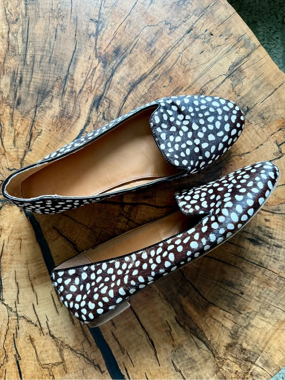 J. CREW Cora Calf Hair Smoking Flats Shoes Speckled Brown White Spots - Picture 1 of 8